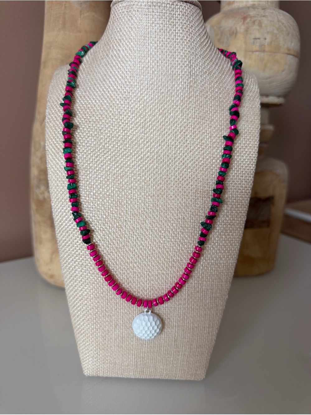 Pink (Howlite Turquoise) & Green (Malachite) Golf Inspired Necklace